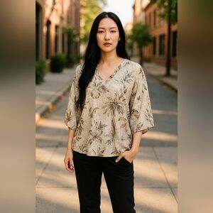 White House Black Market tan black cream sheer layered floral silk blouse small